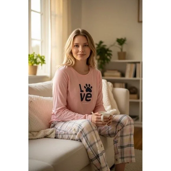 Life Is Good Sleep Pajama Set Womens 2XL Pink LOVE Paw Print 3-Piece - Picture 2 of 10